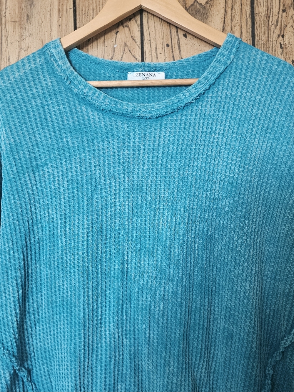 ZENANA Teal Waffle Knit Exposed Seam Oversized Boho Short Sleeve Top - L / XL - Picture 3 of 7
